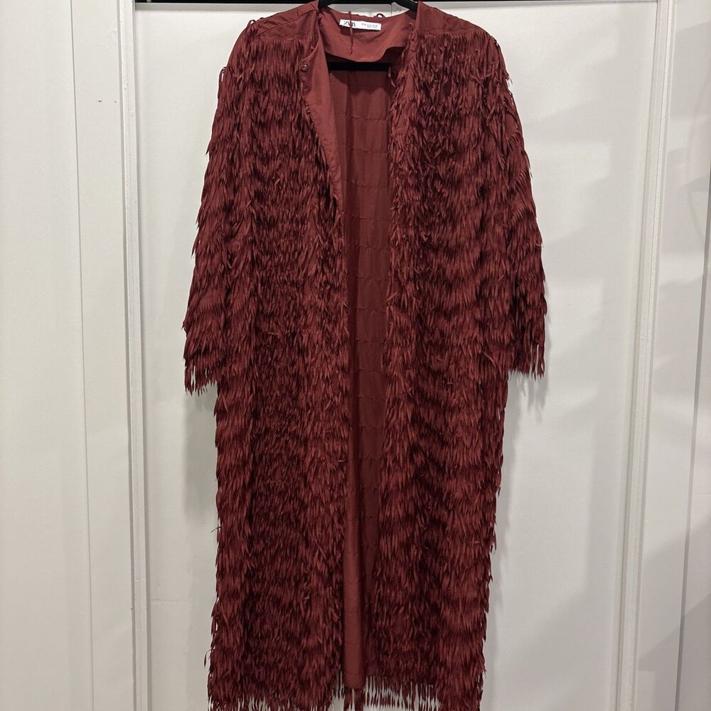 ZARA COAT WITH FRINGING ROUND NECK MAROON LONG SIZES XL